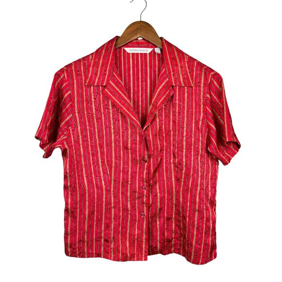 Victoria's Secret Vintage Red Gold Stripe Satin Short Sleeve Button Pajama Top - Picture 3 of 7